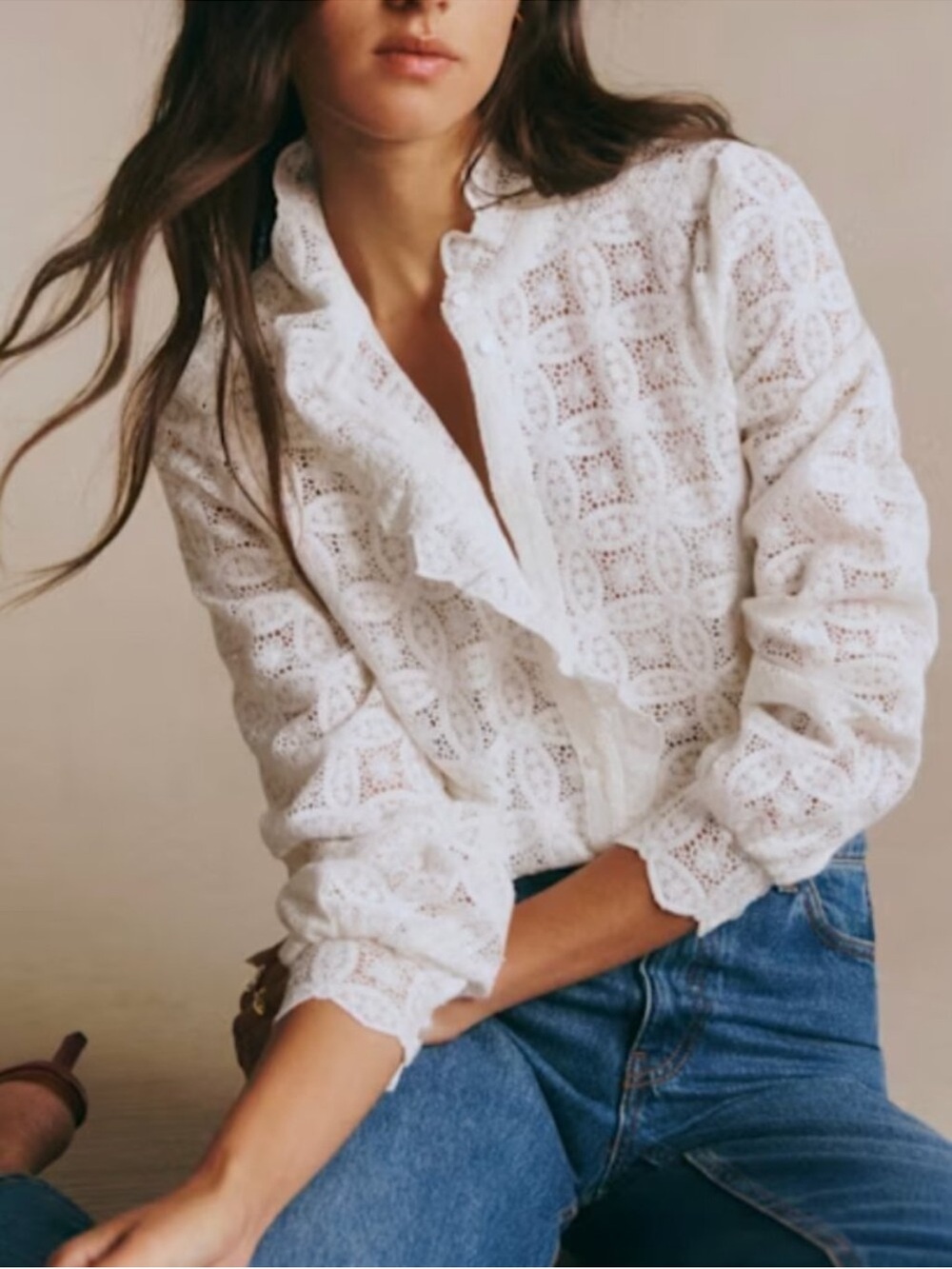 Sezane Chlo Shirt Ecru Guipure white lace button up long sleeve top blouse 38/6